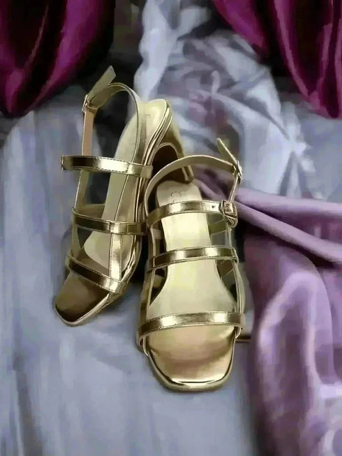 Golden Three Tier Block Heels - cunei